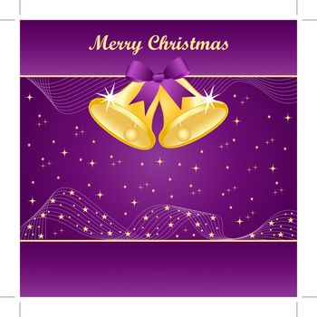 Gold christmas bells with pretty bow and yellow stars on a purple background. Copy space for text.