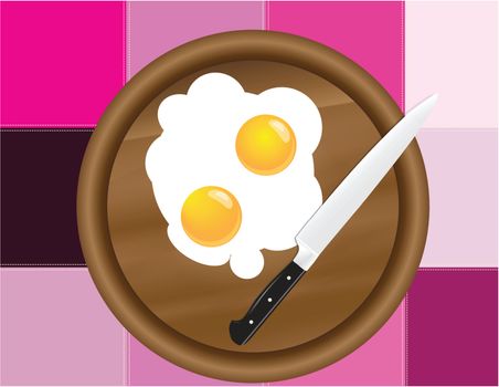 Fried eggs on the kitchen board with a decorative cloth. Vector illustration.