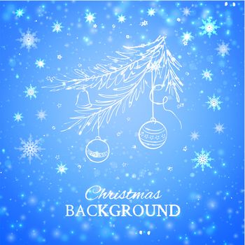 Christmas evergreen spruce tree with glass ball on snow background. Vector illustration.