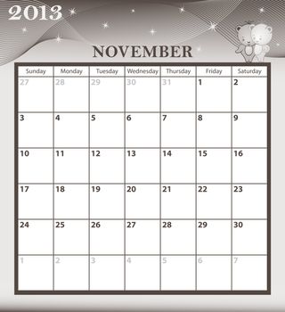 Calendar 2013 November month with large date boxes. Cartoon characters and patterned background. January to December months available.