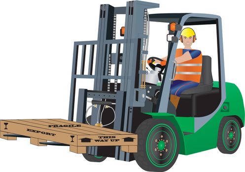 A Green Forklift Truck and Driver carrying a packing case