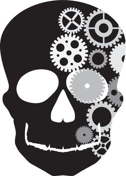 Front Facing Skull Silhouette with Mechanical Gears Illustration Isolated on White Background