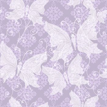Gentle violet seamless floral pattern with transparent butterflies (vector EPS 10)