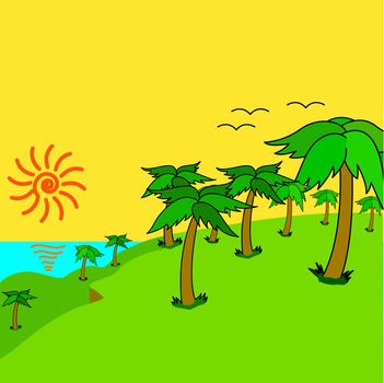 Tropical palms on the tropical island at sunset. Vector illustration.