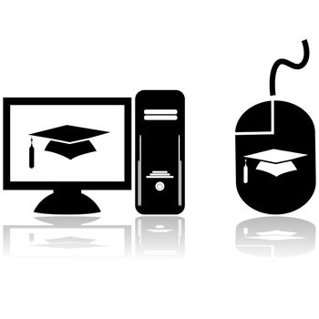 Glossy icons showing a computer with a graduation hat on the screen and a mouse with the same graphic, for distance learning