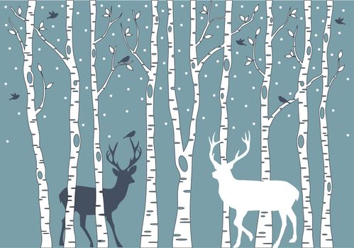 birch trees with birds and deer, vector background illustration