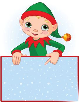 Christmas Elf Pointing Down To A Blank Place Card
