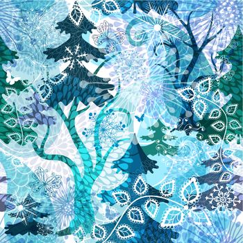 Winter seamless pattern with stylization transparent magic wood, snowflakes and butterflies (vector EPS 10)