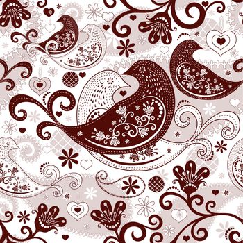Brown-white valentine repeating pattern with stylized birds and vintage flowers (vector)