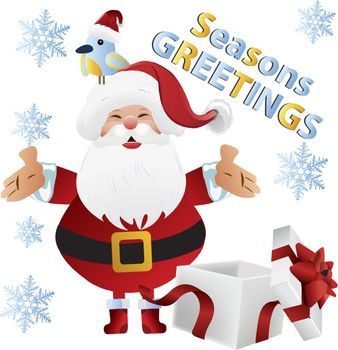 Cheerful santa claus with bird and gift for holiday greeting clip-art