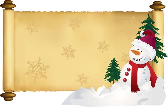Vector holiday scroll banner with fir trees and snowman