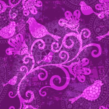 Violet repeating translucent grunge pattern with stylized birds and flowers (vector EPS 10)