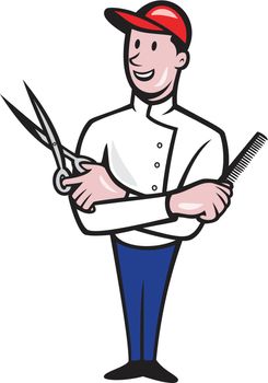 Illustration of a barber with arms crossed holding a pair of scissors  comb on isolated white background.