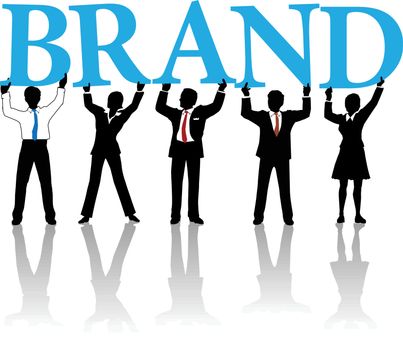 Marketing people team hold up letters cooperate to build Brand identity