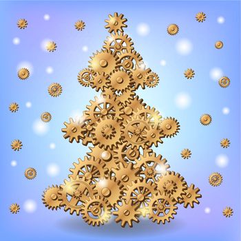 Mechanical Christmas tree made of golden of cogs and gears
