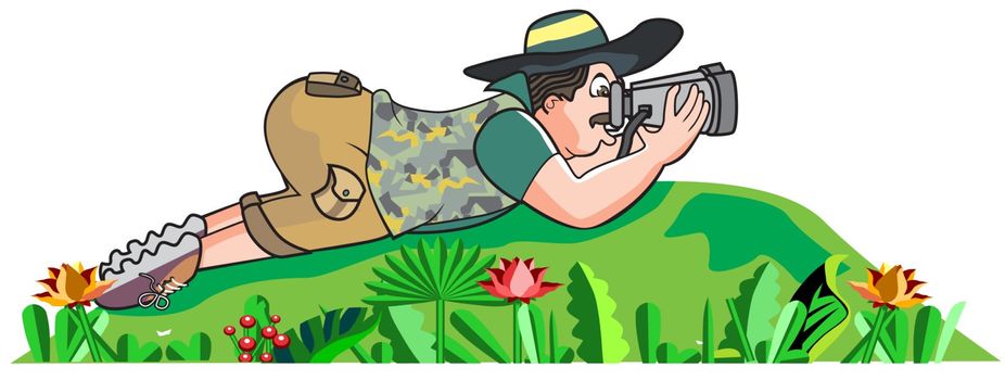 Safari hunter, lying on the ground and looking through binoculars, vector illustration