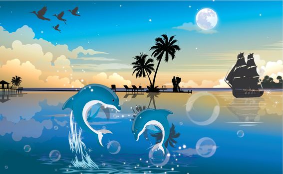 Moonlit Night at the Beach, with Blue and White Dolphins, Couple, Bubbles, Vintage Ship, vector illustration