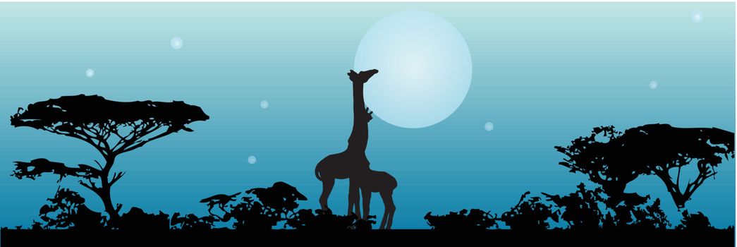 Night in Savannah Giraffes on Front of the Moon. Vector illustration.