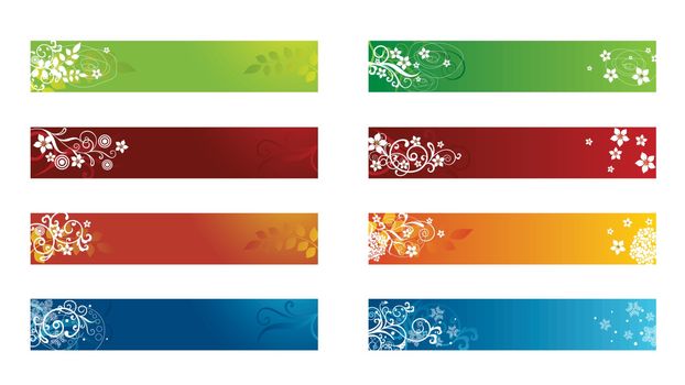 Set of eight decorative seasonal floral borders. This image is a vector illustration.