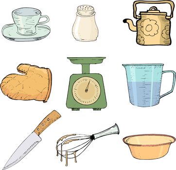 set of hand drawn, vector illustration of kitchen objects