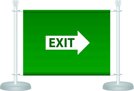Exit sign on the barrier fabric placed on metal racks. Vector illustration.