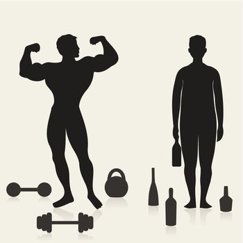 The sportsman and the alcoholic in comparison. A vector illustration