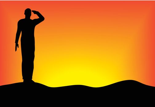 Silhouette of an army soldier saluting Silhouette of an army soldier saluting on hills against sunset
