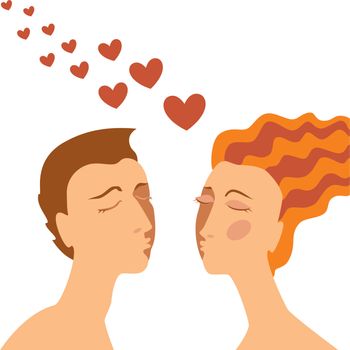 A couple in love: girl and guy with hearts before kiss. Vector illustration.
