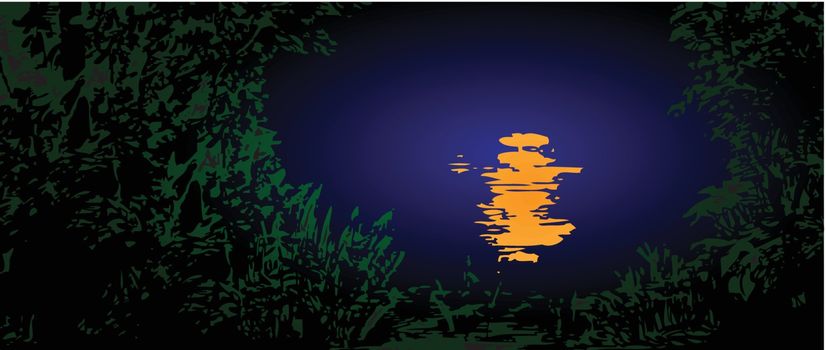 Moonlit path on the water. Vector illustration.