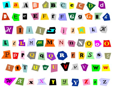 Alphabet newspaper uppercase, lowercase and symbols cutouts isolated on white. Mix and match to make your own words.
