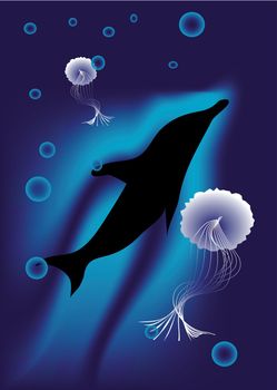 dolphin and jellyfish in the sea. 10 EPS