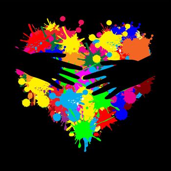 Paint splatter heart with two hands on black, vector illustration