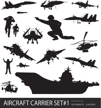 Aircraft carrier high detailed silhouettes set. Vector