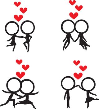 four stick figure couples with hovered red hearts 