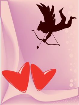 A pink background with Cupid aiming his arrow at two lovers hearts.