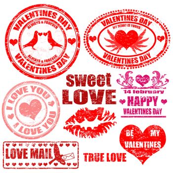 Set of isolated grunge Valentine's Day stamps on white background, vector illustration