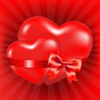 2 Red Hearts With Red Bow And Sunburst With Gradient Mesh, Vector Illustration