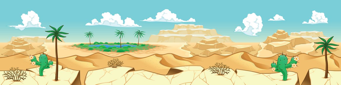 Desert with oasis. Vector illustration with measures: 6144x1536 pixels, adaptable to iPad screen. The sides repeat seamlessly for a possible, continuous animation.
