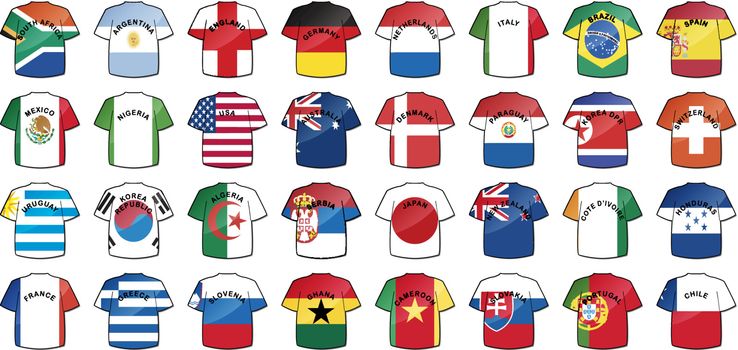 uniforms of national flags participating in world cup with glow and drop shadow 
