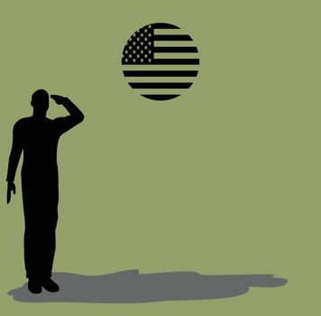 Silhouette of an army soldier on a platform saluting a usa flag