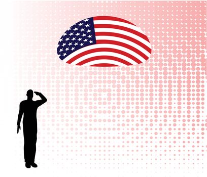 Silhouette of an army soldier on a platform saluting a usa flag
