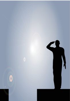 Silhouette of an army soldier on a platform saluting
