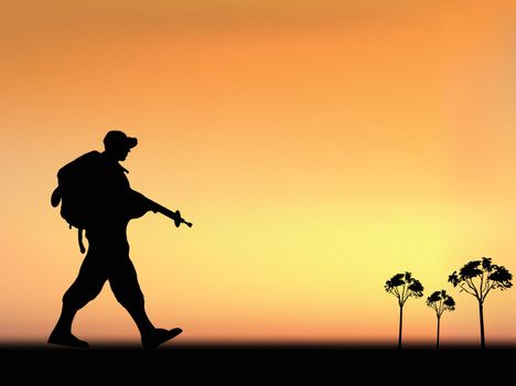 Silhouette of an army soldier walking on hills against blue sky