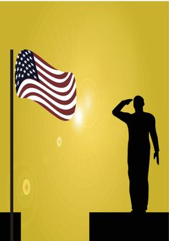 Silhouette of an army soldier on a platform saluting a usa flag
