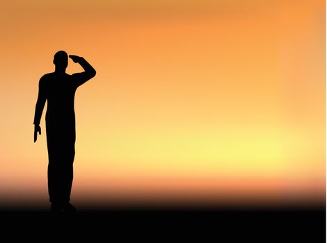Silhouette of an army soldier saluting on hills against sunset