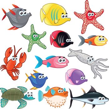 Family of funny fish. Vector isolated characters.

