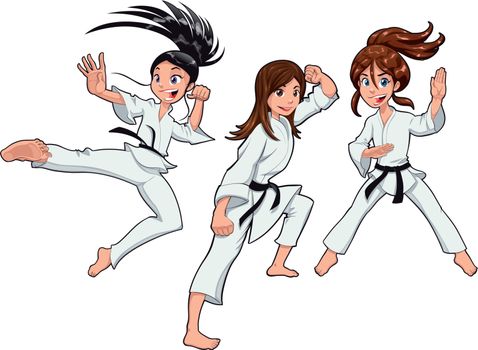 Young girls, Karate Players. Vector cartoon isolated characters

