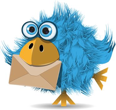 illustration, very funny  blue bird with envelope