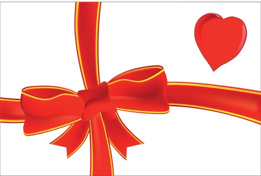 A satin ribbon tied in a bow with a red lovers heart