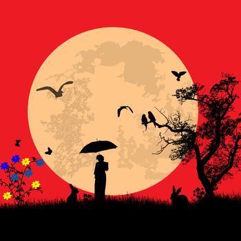 Moonlight over the landscape with rabbits and a woman under umbrella on red, vector illustration